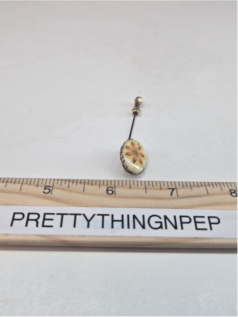 Lenox Stick Pin Cream & Orange Floral Women's Brooch 14k Gold Plated Vintage - Picture 7 of 9